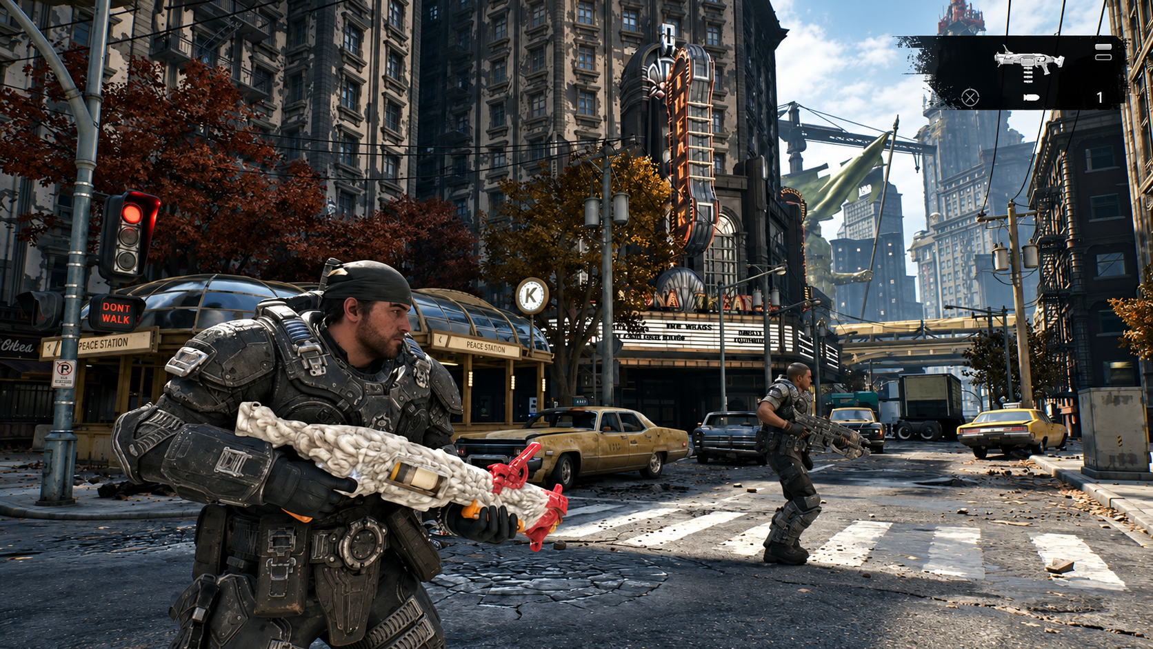 Marcus holding the secret Cluckpuncher Chicken Gun in Gears of War E-Day